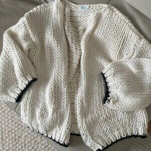 MAI AMI Handmade White & Black Chunky Knit Open Cardigan Sweater